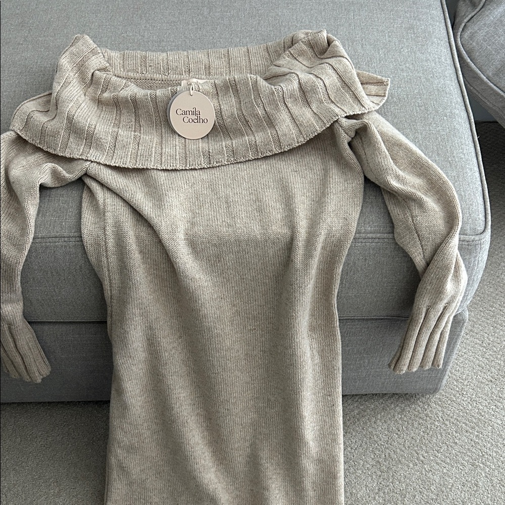 Camila Coelho Off-Shoulder Tan Sweater Dress